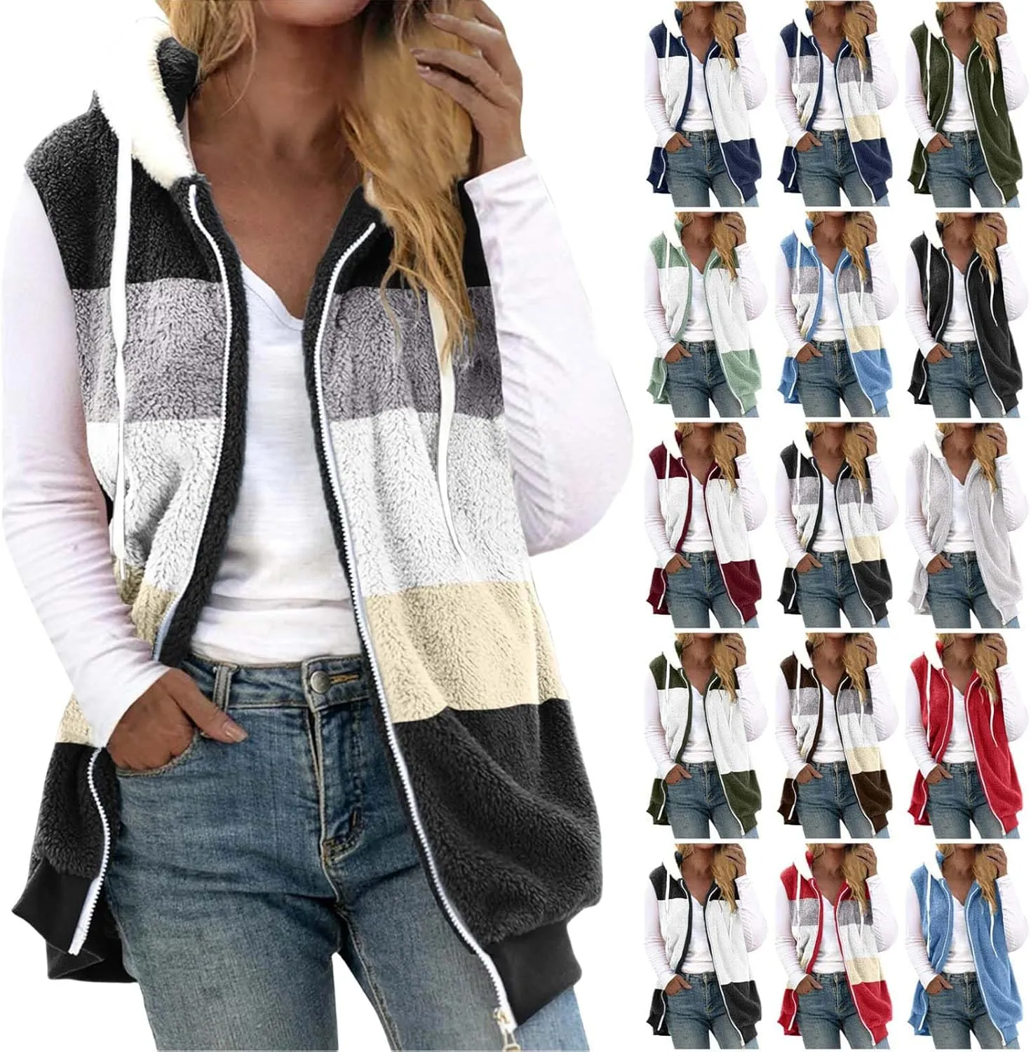 Fleece Vests For Women with Zipper Casual Sleeveless Hoodies Sherpa Vests Winter Color Block Jackets