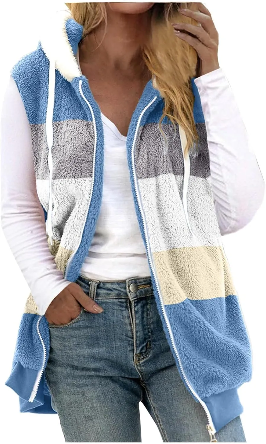 Fleece Vests For Women with Zipper Casual Sleeveless Hoodies Sherpa Vests Winter Color Block Jackets