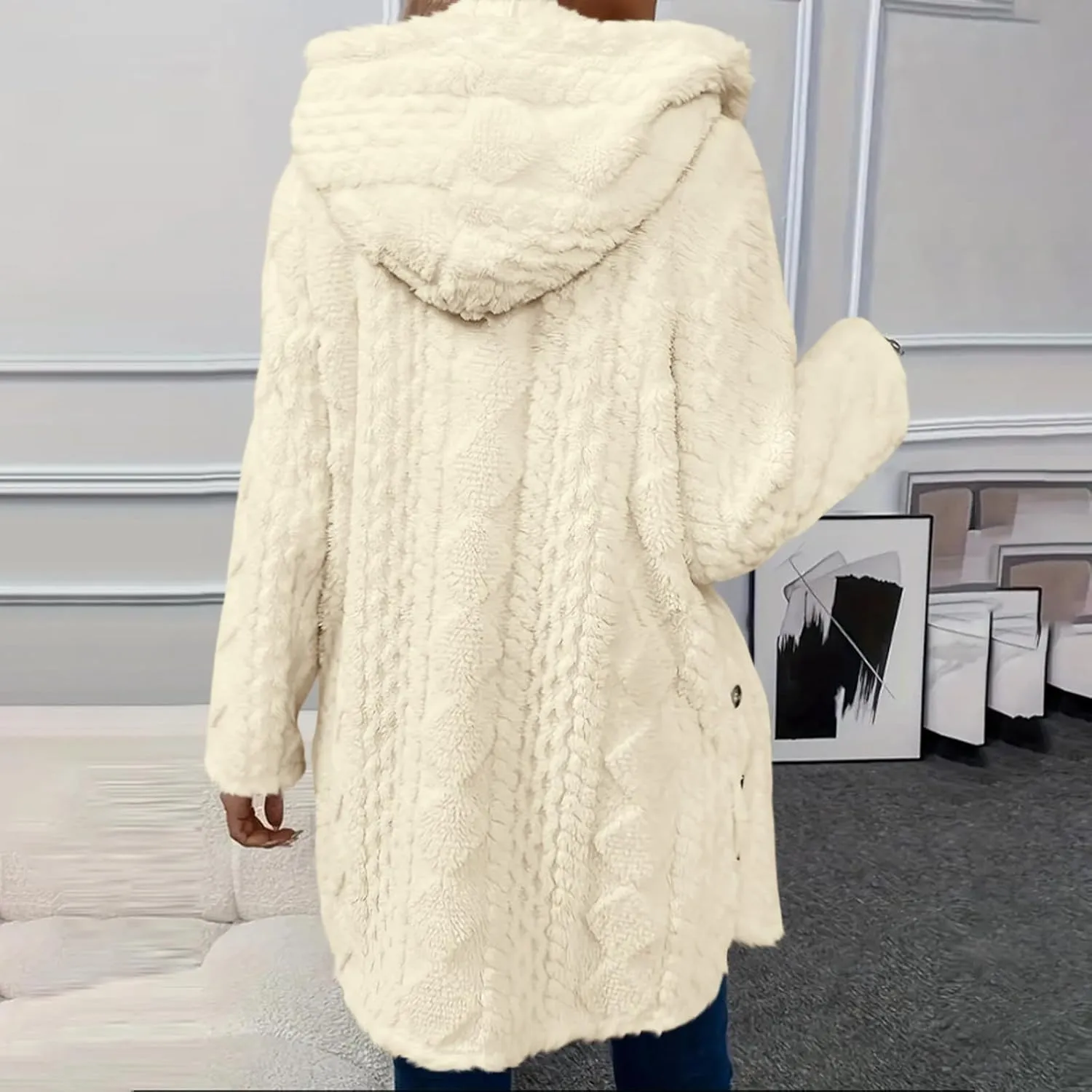 Fleece Winter Jackets for Women Button Down Open Front Cardigan with Hood Sherpa Fuzzy Jacket Trendy 2024