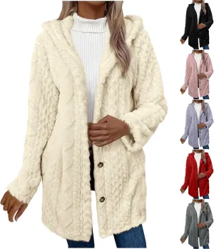 Fleece Winter Jackets for Women Button Down Open Front Cardigan with Hood Sherpa Fuzzy Jacket Trendy 2024