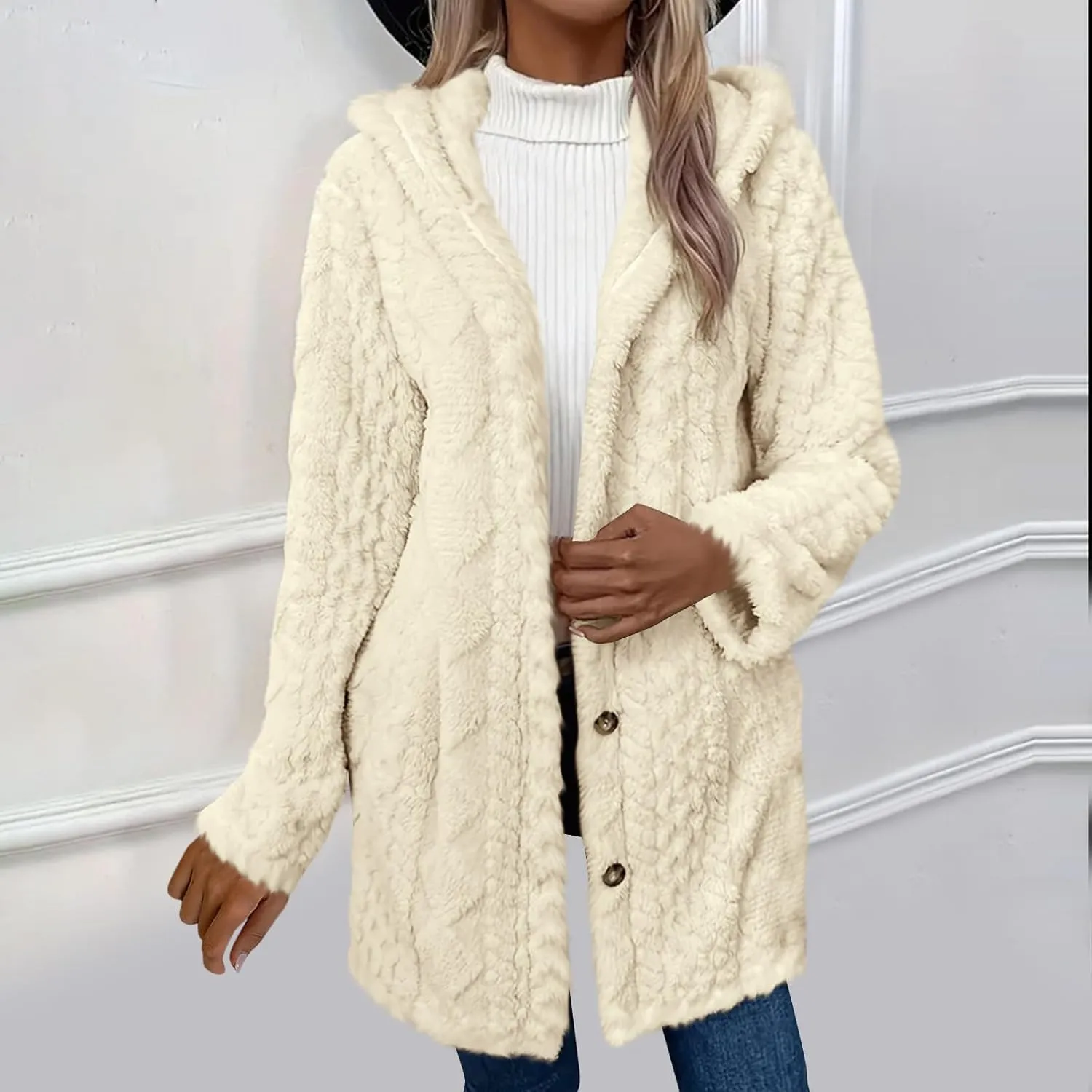 Fleece Winter Jackets for Women Button Down Open Front Cardigan with Hood Sherpa Fuzzy Jacket Trendy 2024