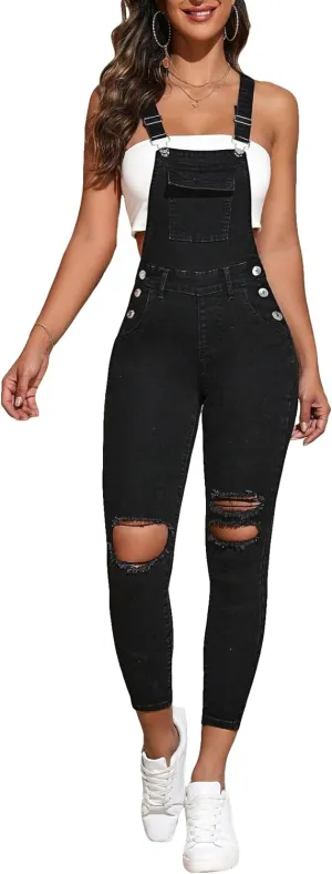 Floerns Women's Ripped Adjustable Strap High Waist Denim Overalls Jeans Pants Jumpsuits