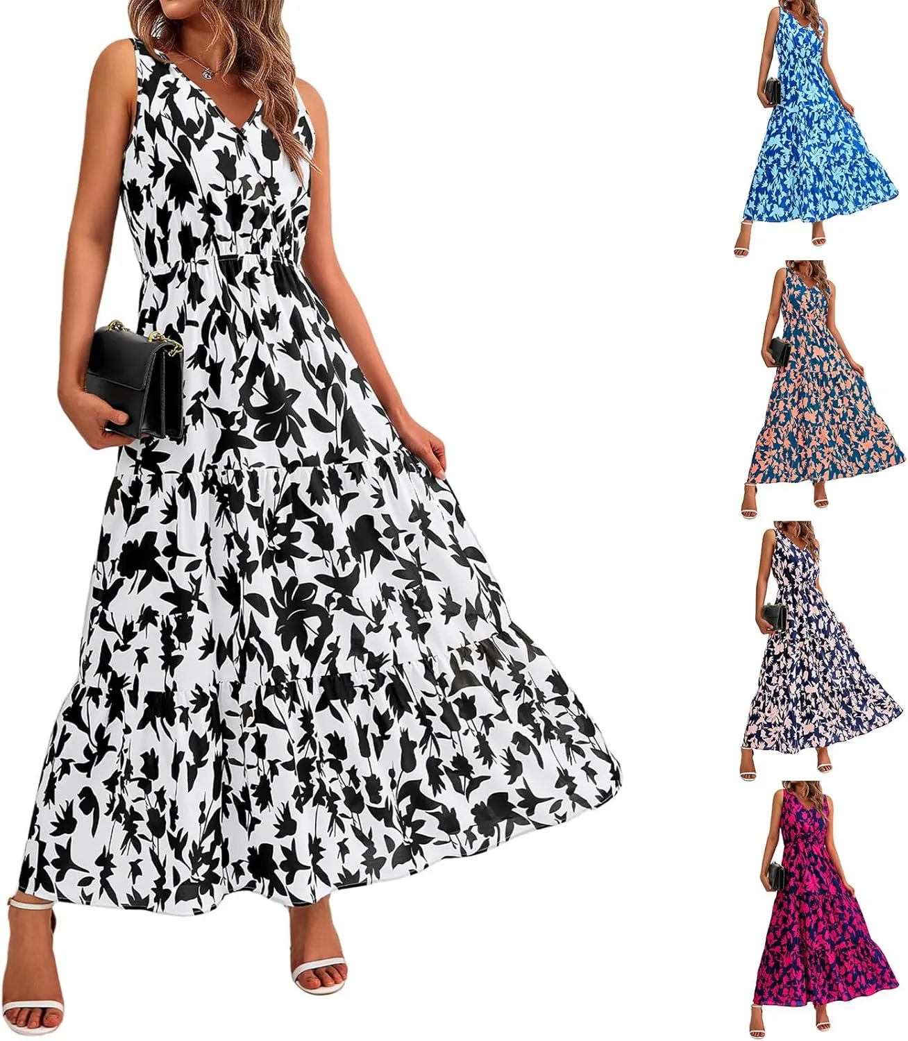Floral Maxi Dress for Women V Neck Short Sleeve Chiffon Dress Boho Tiered Casual Flowy Long Maxi Sundress