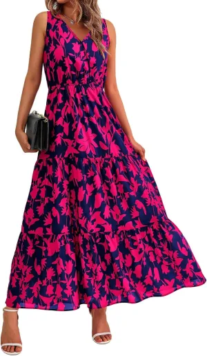 Floral Maxi Dress for Women V Neck Short Sleeve Chiffon Dress Boho Tiered Casual Flowy Long Maxi Sundress
