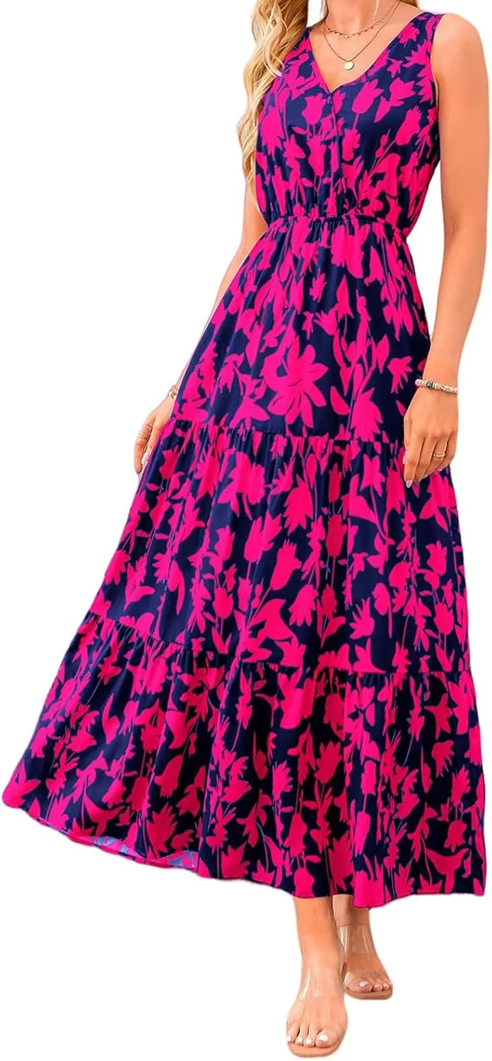Floral Maxi Dress for Women V Neck Short Sleeve Chiffon Dress Boho Tiered Casual Flowy Long Maxi Sundress