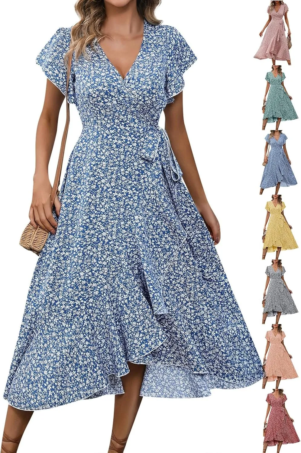 Floral Midi Dress for Women Flowy Vintage Casual A Line Wrap Dress Beach Vacation Trendy Boho V Neck Sundress