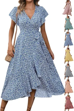 Floral Midi Dress for Women Flowy Vintage Casual A Line Wrap Dress Beach Vacation Trendy Boho V Neck Sundress