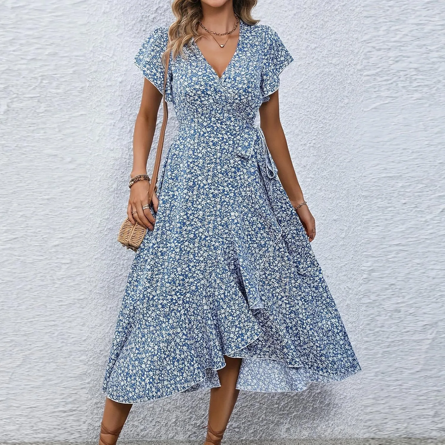 Floral Midi Dress for Women Flowy Vintage Casual A Line Wrap Dress Beach Vacation Trendy Boho V Neck Sundress