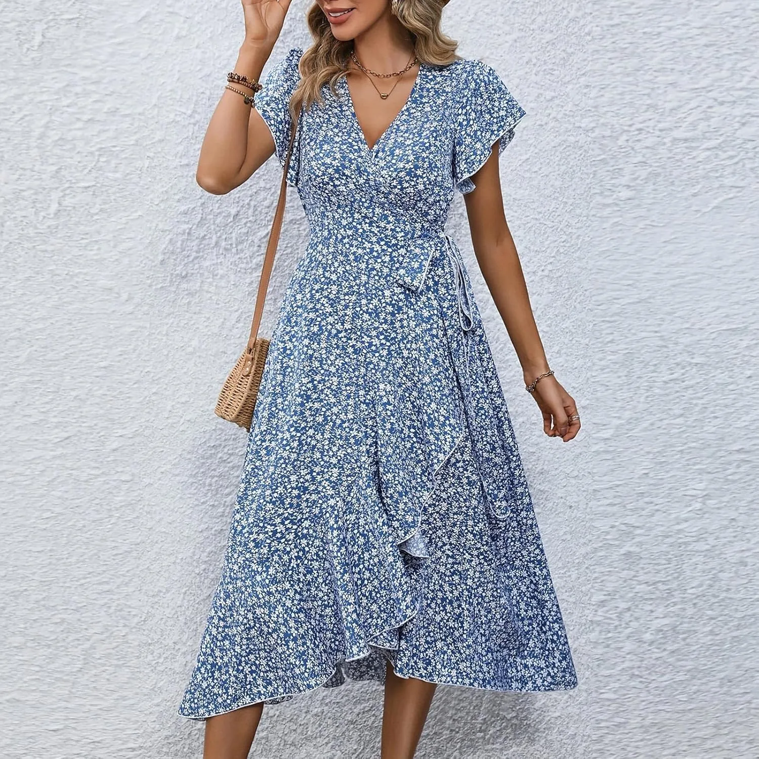 Floral Midi Dress for Women Flowy Vintage Casual A Line Wrap Dress Beach Vacation Trendy Boho V Neck Sundress