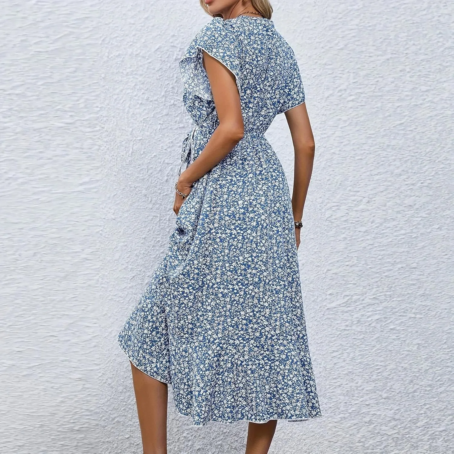 Floral Midi Dress for Women Flowy Vintage Casual A Line Wrap Dress Beach Vacation Trendy Boho V Neck Sundress