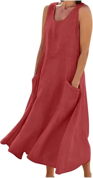 Flowy Dresses for Women Summer Beach Oversized Midi Sundress Cotton Linen Casual Loose Fit Long Dress with Pockes