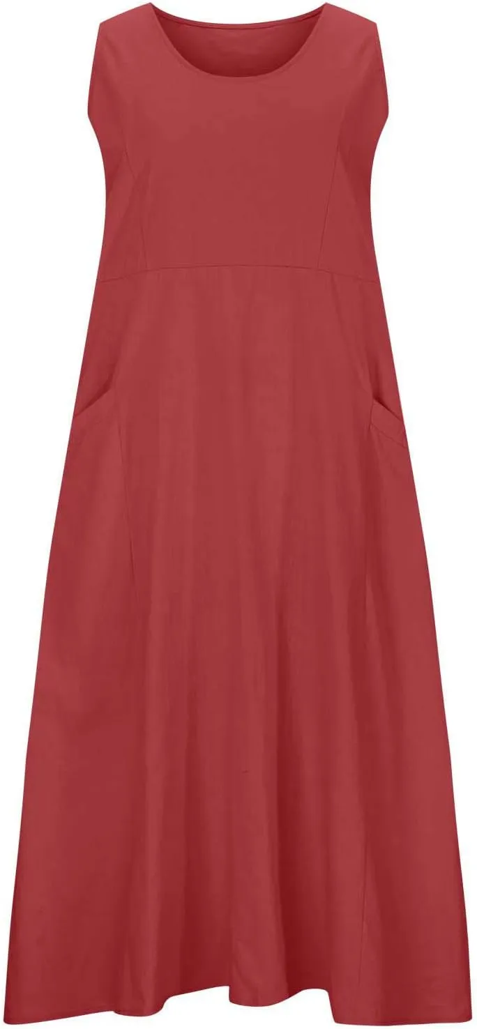 Flowy Dresses for Women Summer Beach Oversized Midi Sundress Cotton Linen Casual Loose Fit Long Dress with Pockes