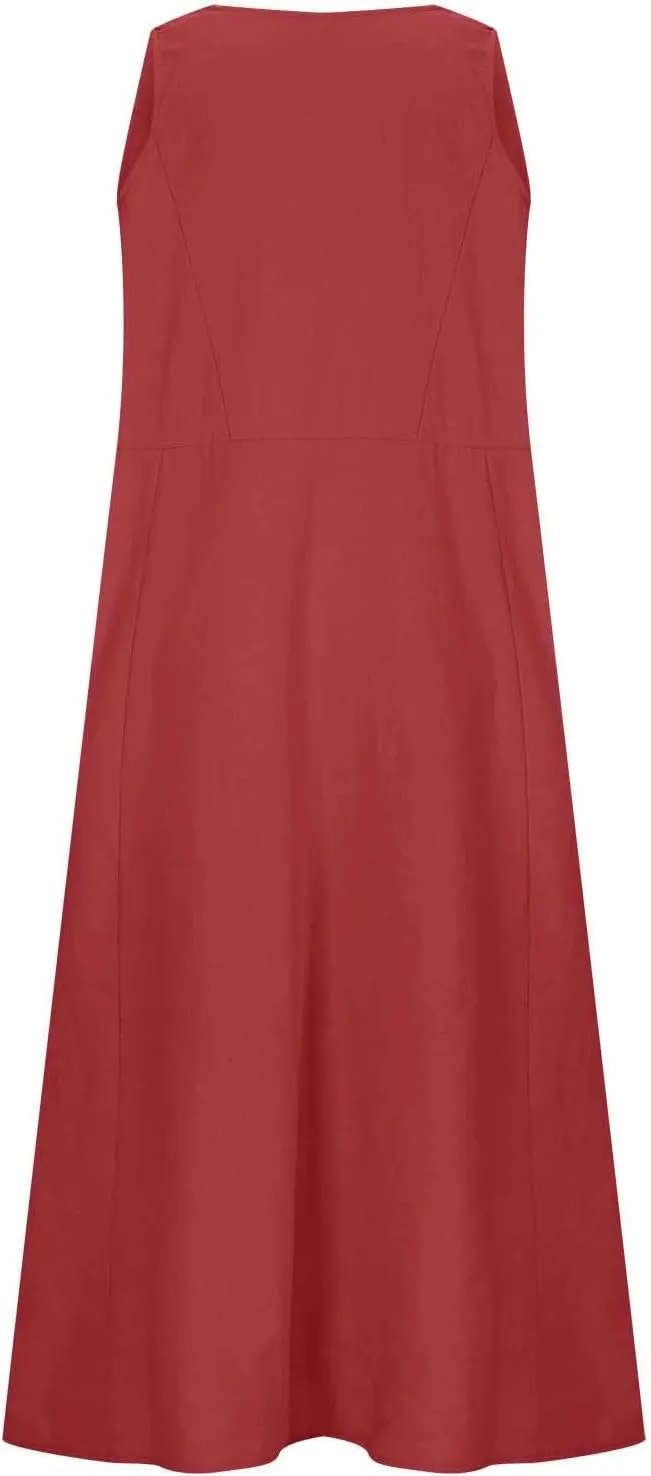 Flowy Dresses for Women Summer Beach Oversized Midi Sundress Cotton Linen Casual Loose Fit Long Dress with Pockes