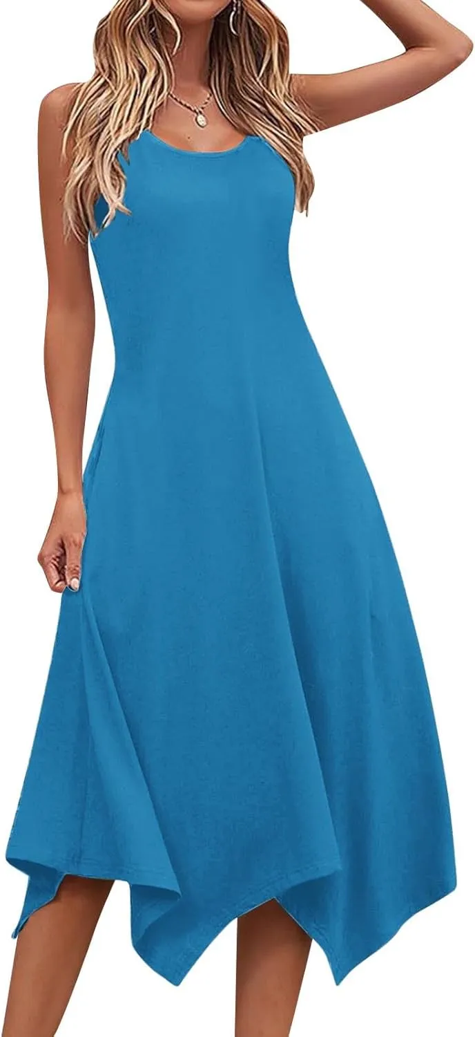 Flowy Dresses for Women Swing Casual Sleeveless Midi Sundress Crewneck Elegant Tank Dress Vacation Outfits 2025