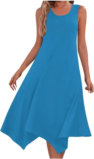 Flowy Dresses for Women Swing Casual Sleeveless Midi Sundress Crewneck Elegant Tank Dress Vacation Outfits 2025