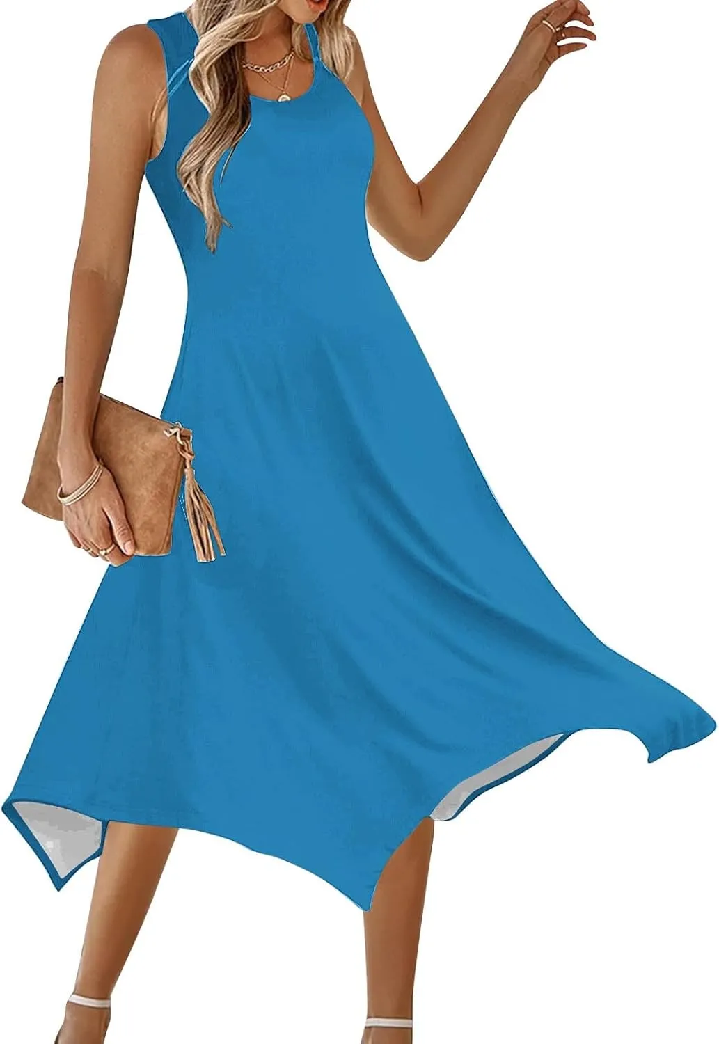 Flowy Dresses for Women Swing Casual Sleeveless Midi Sundress Crewneck Elegant Tank Dress Vacation Outfits 2025