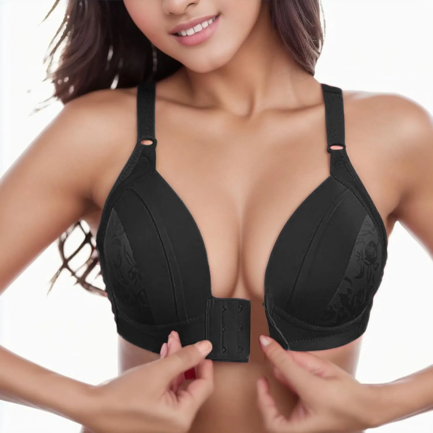 Front Close Lace Bra for Women, Push Up Wirefree Bra Sexy Lace Bra with Deep V Neck Seamless Comfort Brassiere