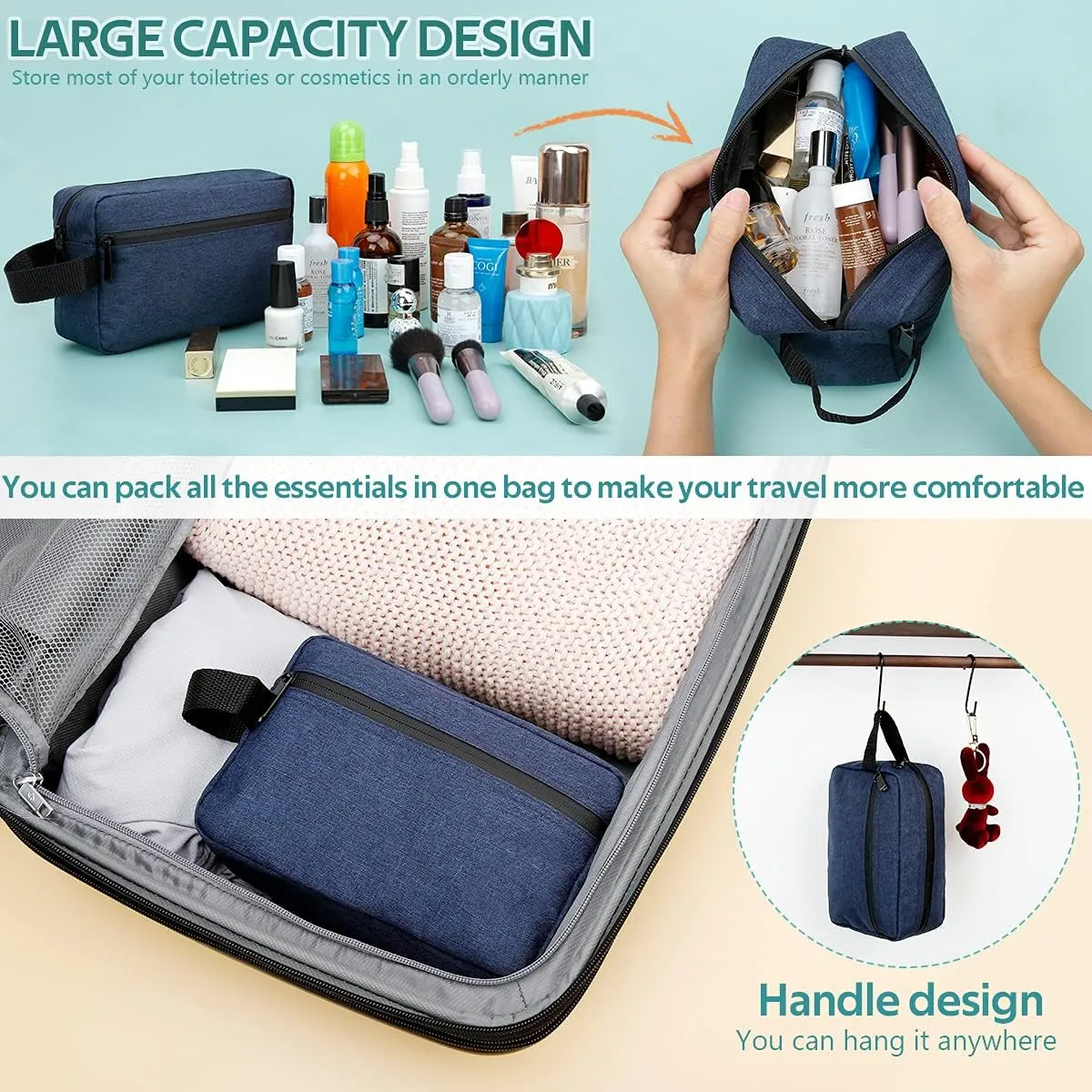 FUNSEED Travel Toiletry Bag for Women and Men, Water-resistant Shaving Bag for Toiletries Accessories, Foldable Storage Bags with Divider and Handle for Cosmetics Toiletries Brushes Tools