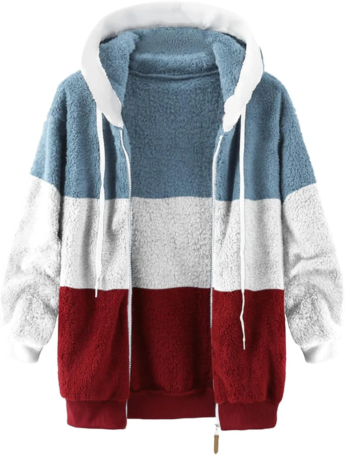 Fuzzy Hooded Jacket Plus Size Warm Trendy Color Block Winter Drawstring Hoodie Snow Coat Shearling Outwear Shaggy