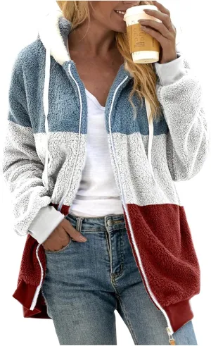 Fuzzy Hooded Jacket Plus Size Warm Trendy Color Block Winter Drawstring Hoodie Snow Coat Shearling Outwear Shaggy