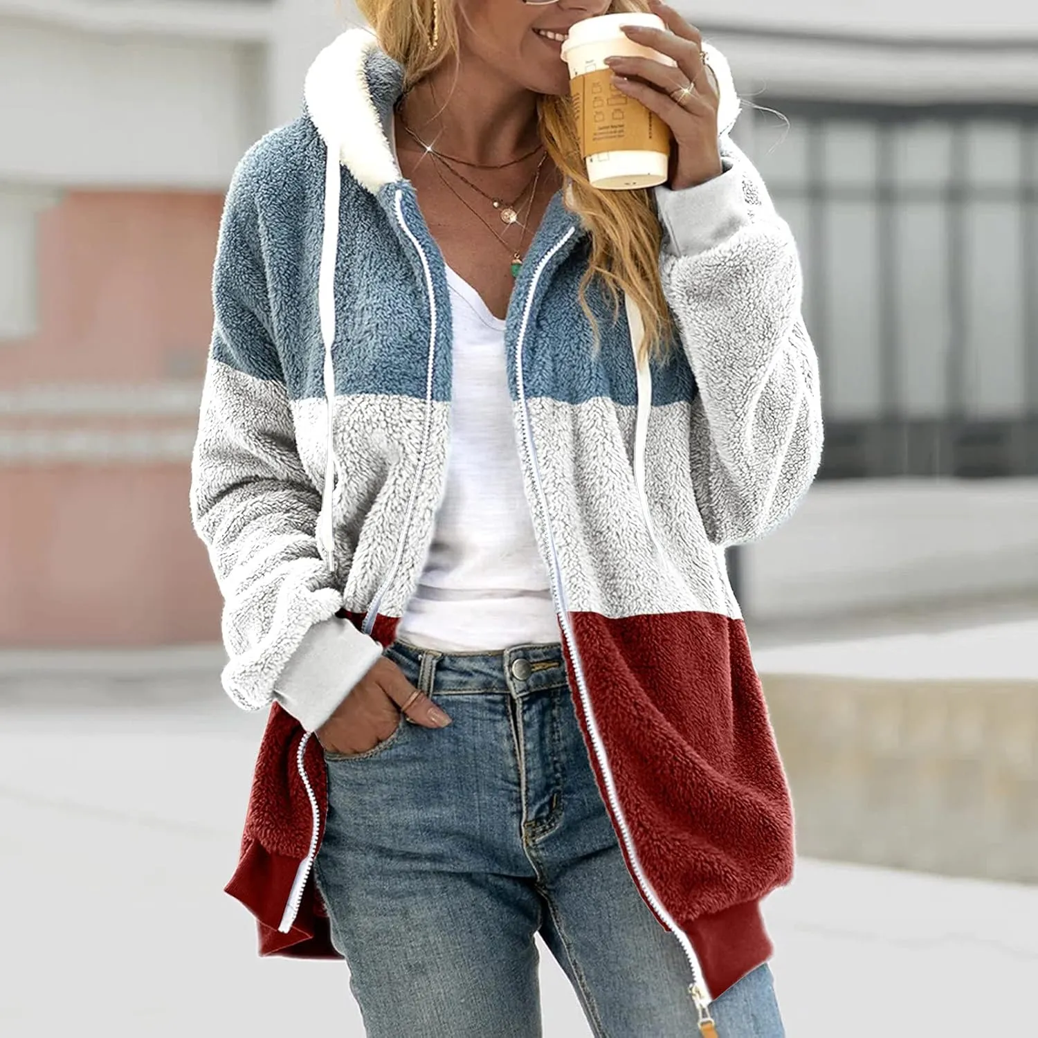 Fuzzy Hooded Jacket Plus Size Warm Trendy Color Block Winter Drawstring Hoodie Snow Coat Shearling Outwear Shaggy