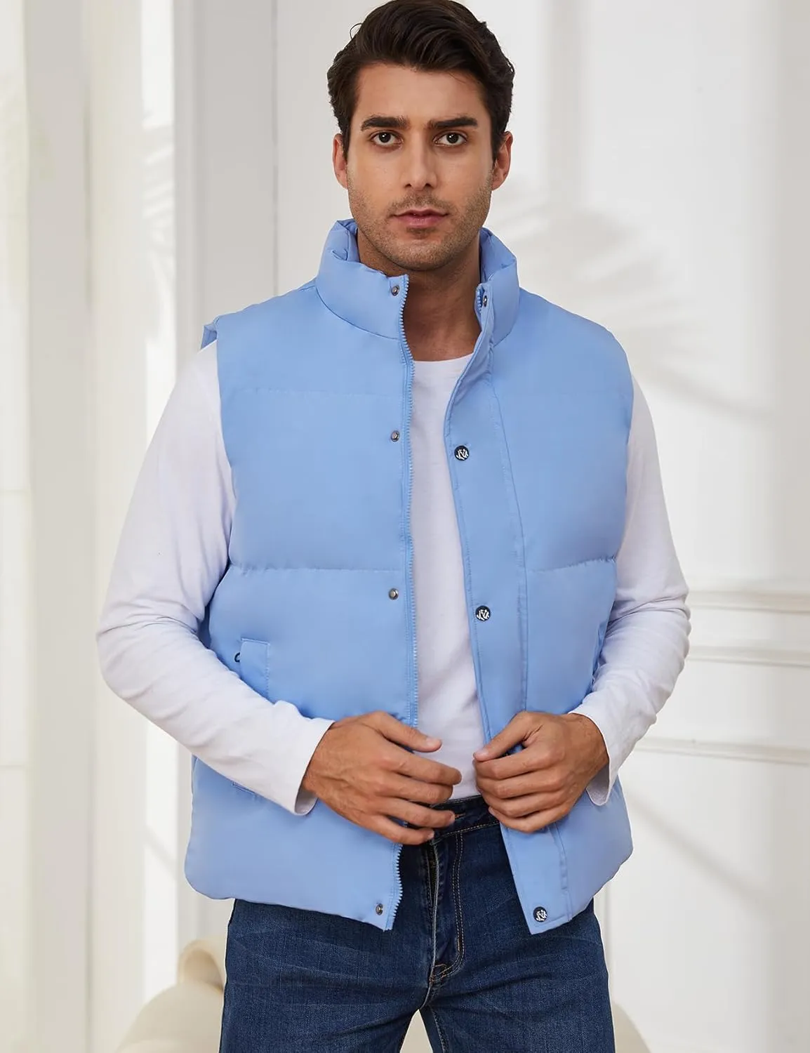 Gihuo Mens Puffer Vest Winter Padded Gilet Stand Collar Sleeveless Quilted Jackets Full Zip Coats Warm Outerwear