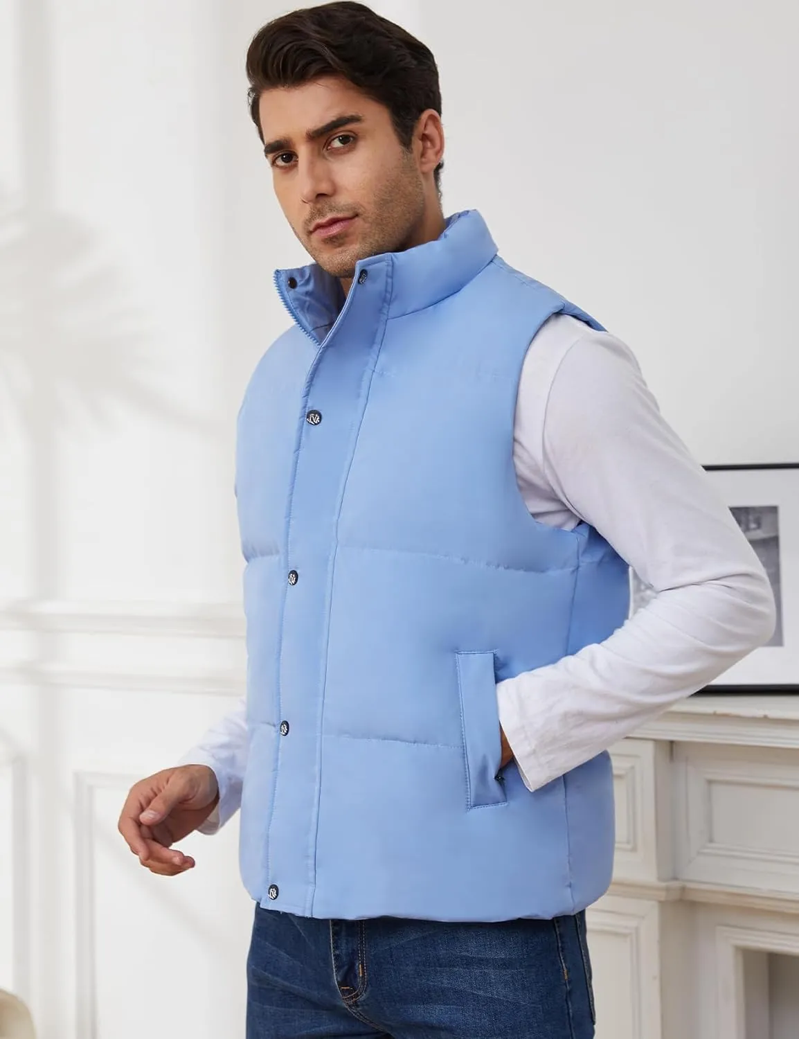 Gihuo Mens Puffer Vest Winter Padded Gilet Stand Collar Sleeveless Quilted Jackets Full Zip Coats Warm Outerwear