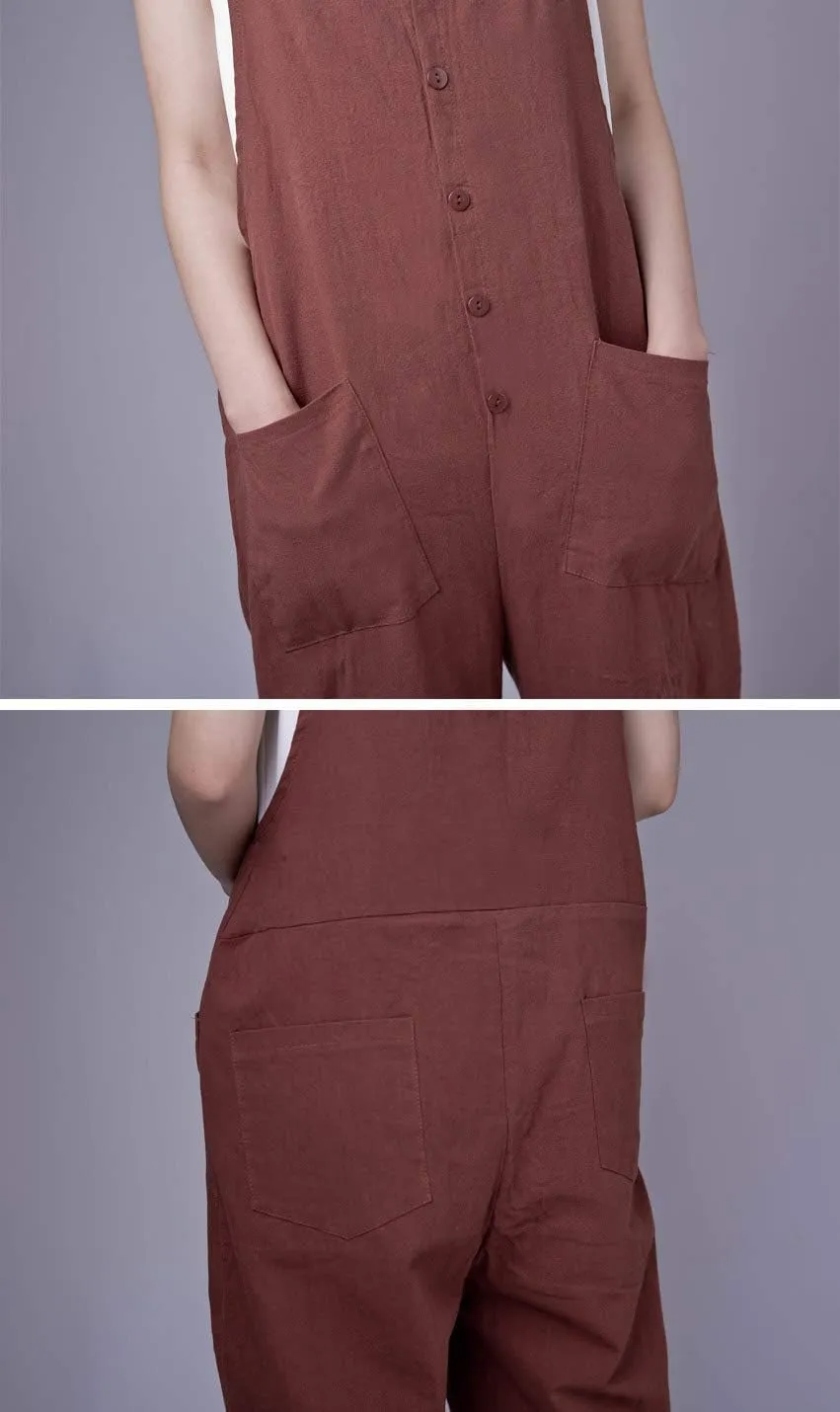 Gihuo Women's Baggy Loose Cotton Linen Bib Overalls Jumpsuits