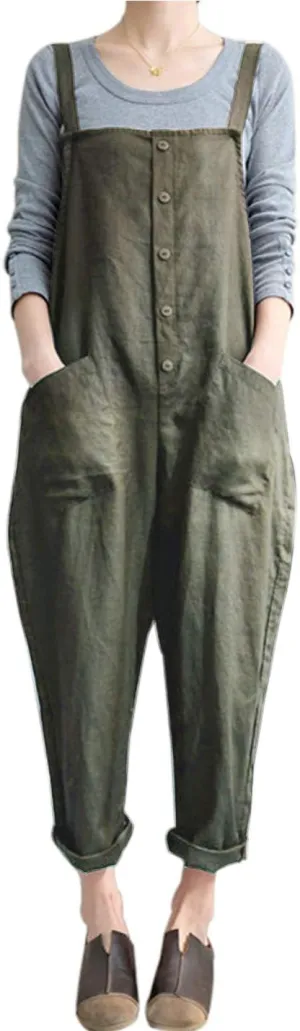 Gihuo Women's Baggy Loose Cotton Linen Bib Overalls Jumpsuits
