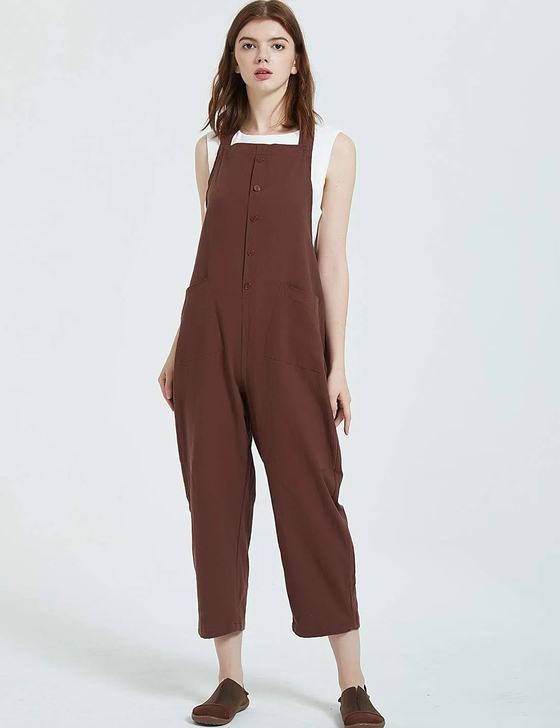Gihuo Women's Baggy Loose Cotton Linen Bib Overalls Jumpsuits
