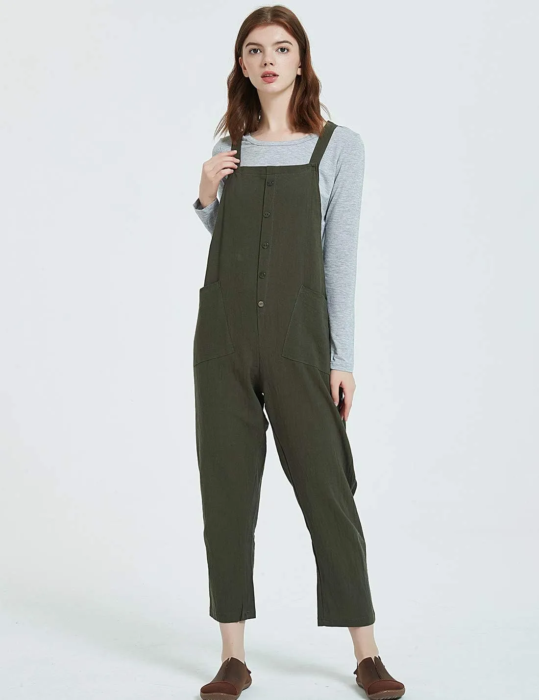Gihuo Women's Baggy Loose Cotton Linen Bib Overalls Jumpsuits