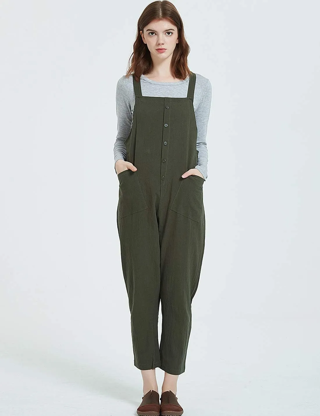 Gihuo Women's Baggy Loose Cotton Linen Bib Overalls Jumpsuits
