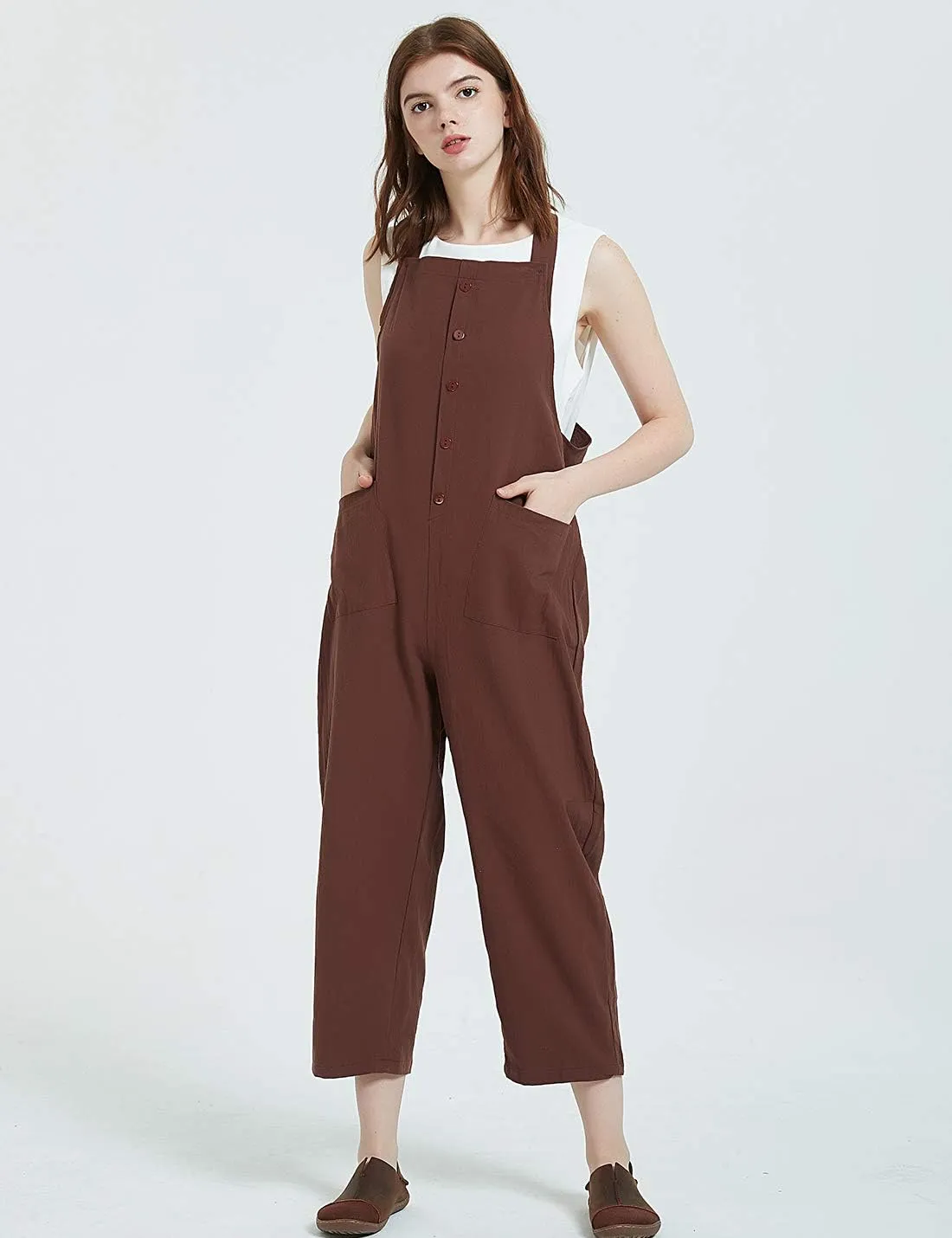 Gihuo Women's Baggy Loose Cotton Linen Bib Overalls Jumpsuits