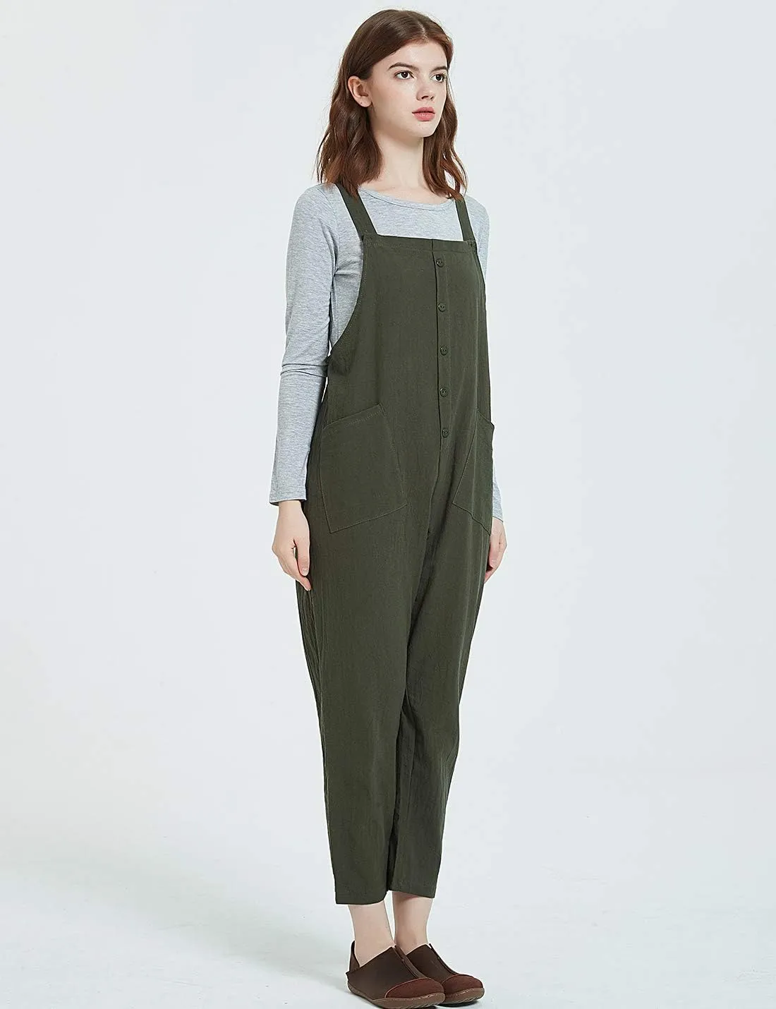 Gihuo Women's Baggy Loose Cotton Linen Bib Overalls Jumpsuits