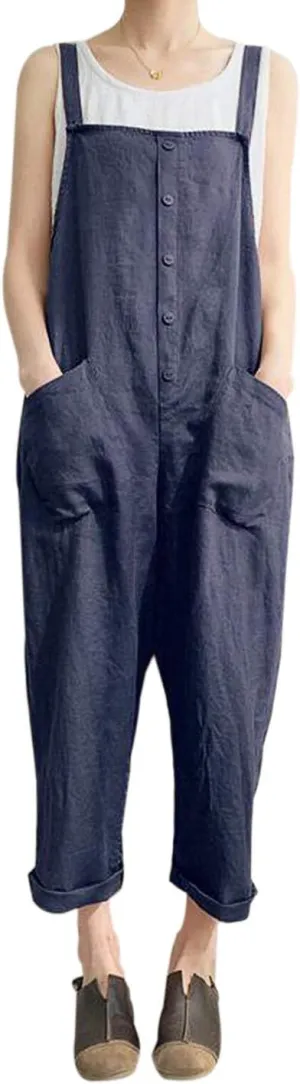 Gihuo Women's Baggy Loose Cotton Linen Bib Overalls Jumpsuits