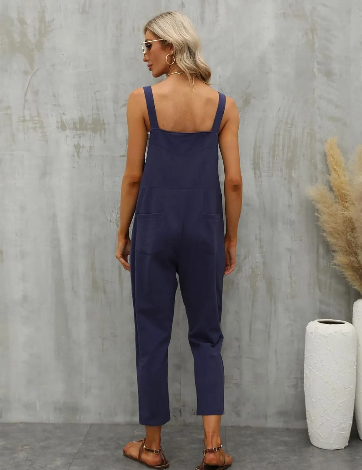 Gihuo Women's Baggy Loose Cotton Linen Bib Overalls Jumpsuits