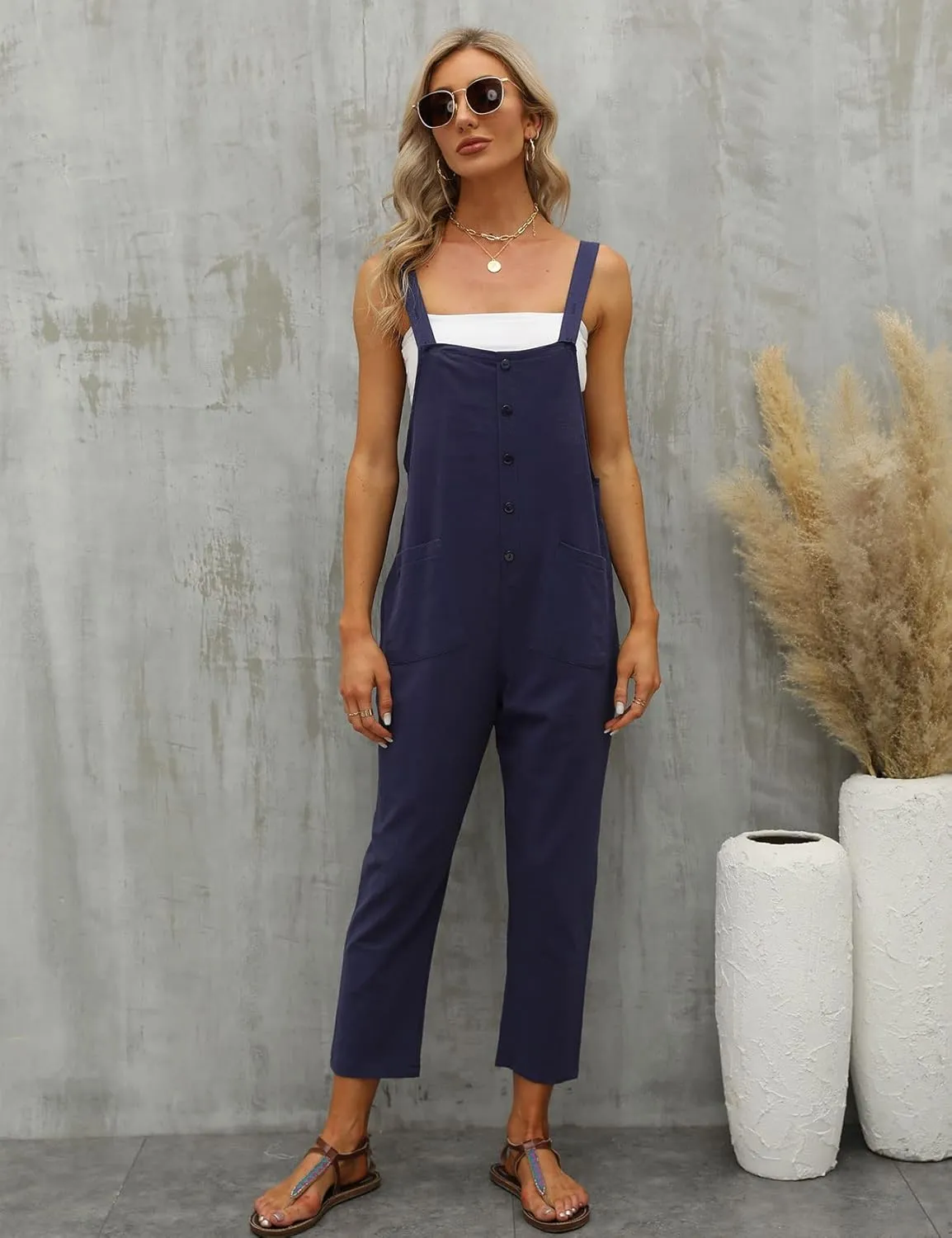Gihuo Women's Baggy Loose Cotton Linen Bib Overalls Jumpsuits