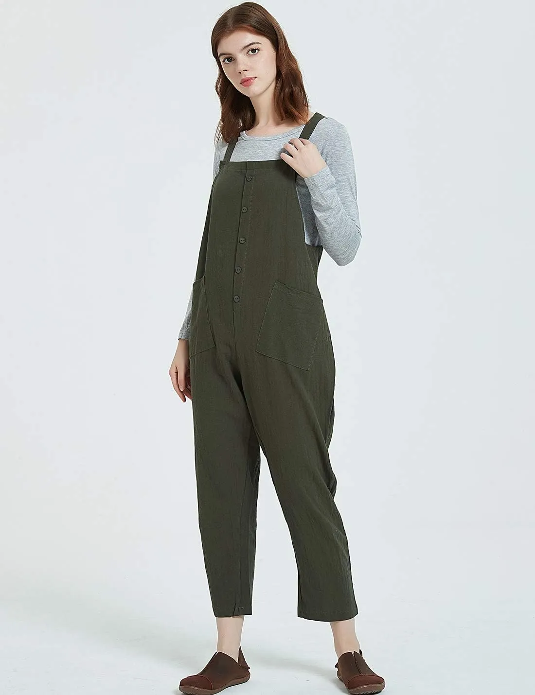 Gihuo Women's Baggy Loose Cotton Linen Bib Overalls Jumpsuits