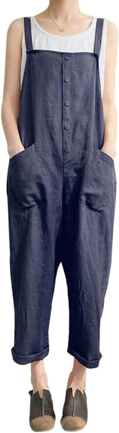 Gihuo Women's Baggy Loose Cotton Linen Bib Overalls Jumpsuits