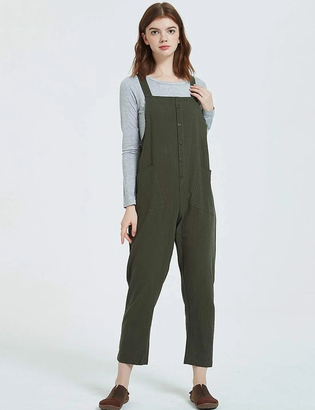 Gihuo Women's Baggy Loose Cotton Linen Bib Overalls Jumpsuits