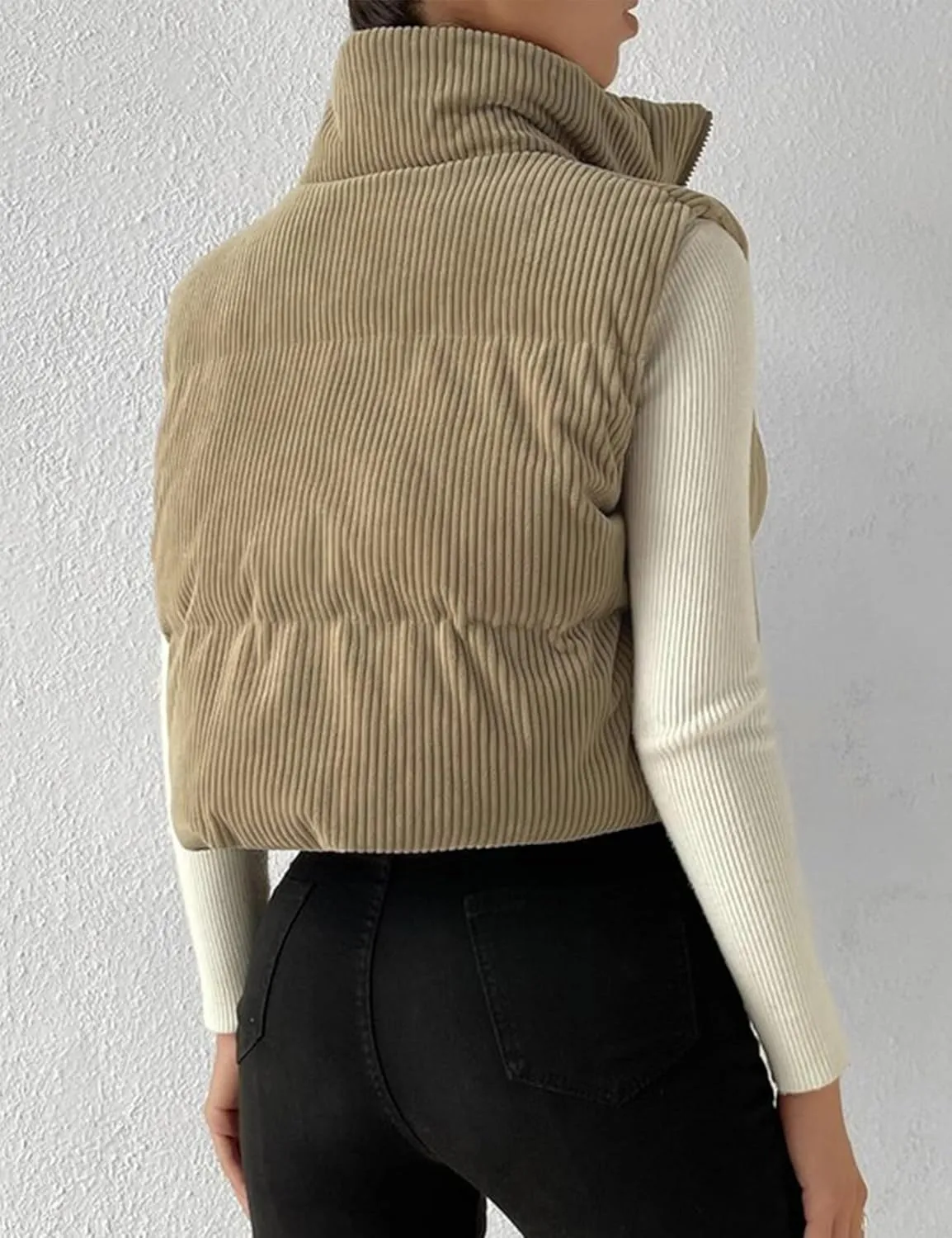 Gihuo Women's Corduroy Puffer Vest Cropped Stand Collar Zip Up Vest Quilted Sleeveless Jackets Gilet