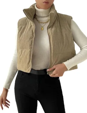 Gihuo Women's Corduroy Puffer Vest Cropped Stand Collar Zip Up Vest Quilted Sleeveless Jackets Gilet