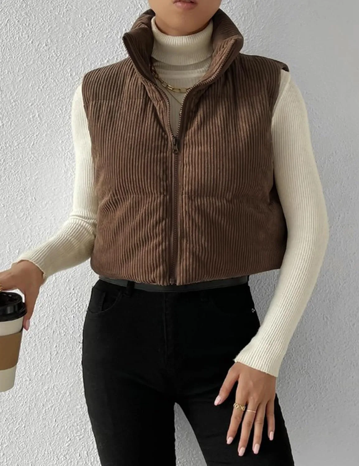 Gihuo Women's Corduroy Puffer Vest Cropped Stand Collar Zip Up Vest Quilted Sleeveless Jackets Gilet