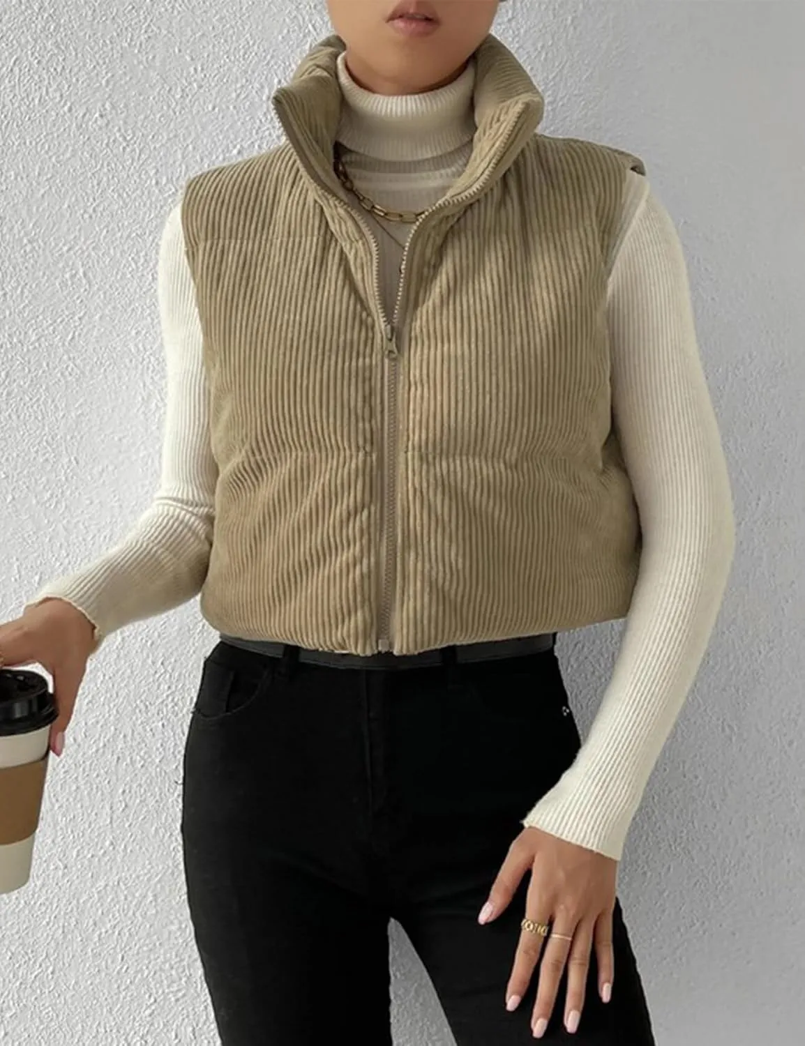 Gihuo Women's Corduroy Puffer Vest Cropped Stand Collar Zip Up Vest Quilted Sleeveless Jackets Gilet