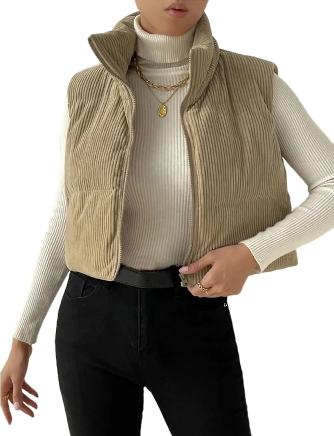Gihuo Women's Corduroy Puffer Vest Cropped Stand Collar Zip Up Vest Quilted Sleeveless Jackets Gilet