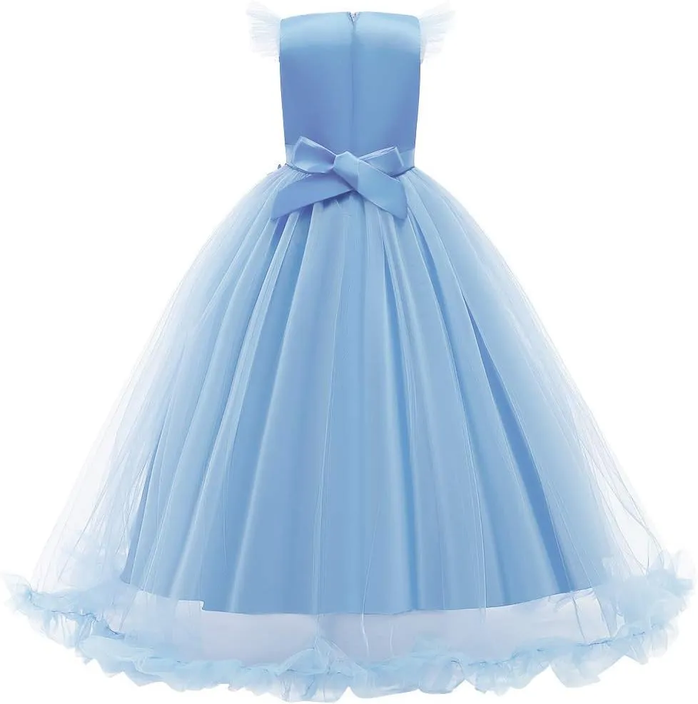 Girls Embroidery Flower Lace Long A Line Pageant Dress Floor Length Princess Prom Tulle Maxi Gown for Wedding Party Birthday