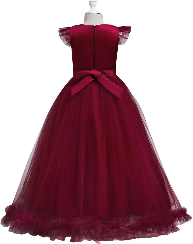 Girls Embroidery Flower Lace Long A Line Pageant Dress Floor Length Princess Prom Tulle Maxi Gown for Wedding Party Birthday