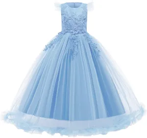 Girls Embroidery Flower Lace Long A Line Pageant Dress Floor Length Princess Prom Tulle Maxi Gown for Wedding Party Birthday