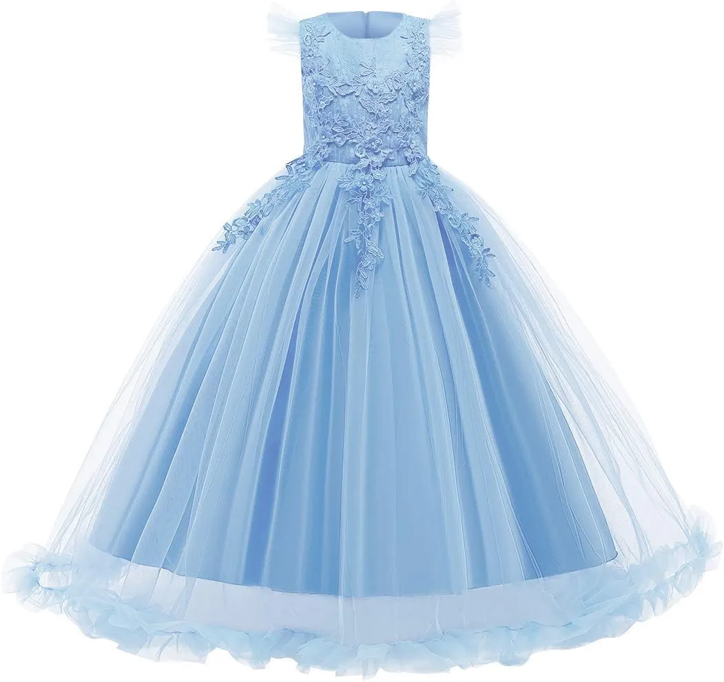 Girls Embroidery Flower Lace Long A Line Pageant Dress Floor Length Princess Prom Tulle Maxi Gown for Wedding Party Birthday