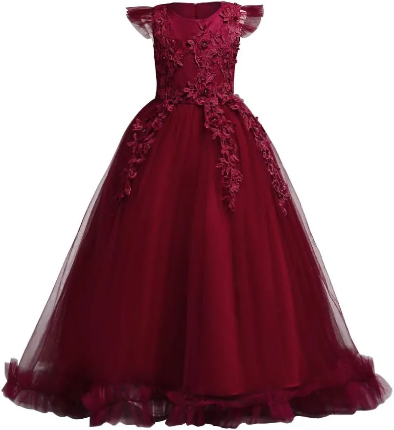 Girls Embroidery Flower Lace Long A Line Pageant Dress Floor Length Princess Prom Tulle Maxi Gown for Wedding Party Birthday